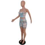 Plaid Print Sexy Strap Crop Top and Biker Shorts Set