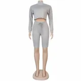 Autumn Solid Color Hoody Crop Top and Shorts Set