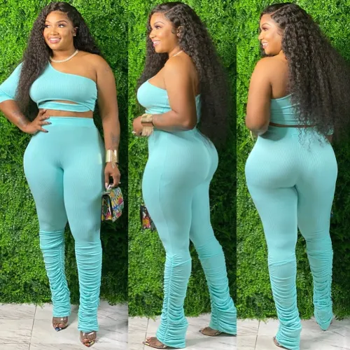 Plus Size Two Piece One Shoulder Stacked Pants Set