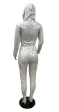 Sports Print Crop Top and Pants Tracksuit