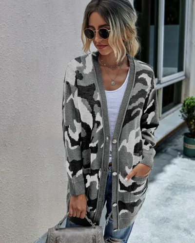 Autumn Leopard Long Pocket Sweater Coat