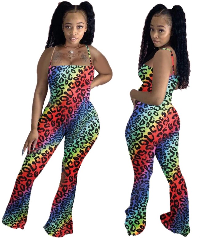 Bell Botton Sexy Leopard Halter Club Jumpsuit
