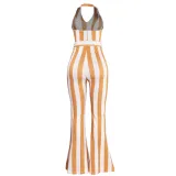 Summer Wide Striped Halter Jumpsuit with Belt