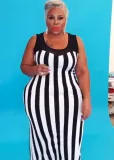 Plus Size White and Black Striped Sleeveless Long Dress