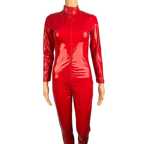Leather Red Long Sleeve Zipper Jumpsuit