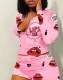 Lips Print Long Sleeve Crop Top and Shorts Set