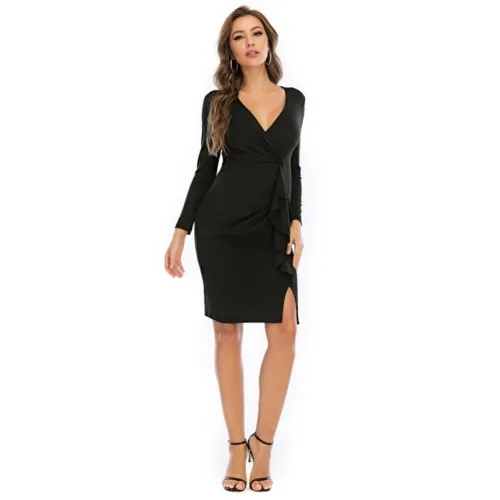 Fall Black V-Neck Ruffles Midi Dress