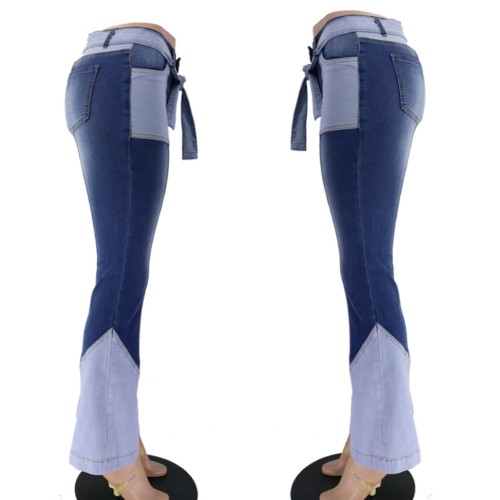 Bell Bottom Patchwork Western Jeans with Belt