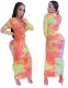 Tie Dye Ruched Long Curvy Dress with Full Sleeves