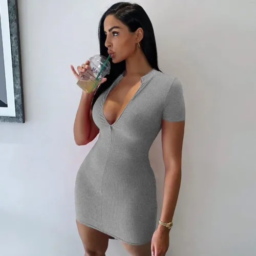 Casual Knitted Short Sleeve Zipper Mini Dress