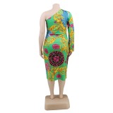 Plus Size Retro One Shoulder Midi Dress with Wide Cuff