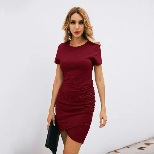 Summer Plain Round Neck Wrapped Shirt Dress