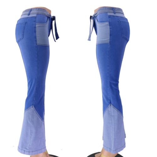 Bell Bottom Patchwork Western Jeans with Belt