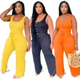 Summer Plain Round Neck Sleeveless Jumpsuit with Belt