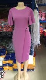 Solid Color Mature Midi Dress with Wide Cuffs