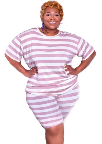 Plus Size Summer Striped Two Piece Shorts Set