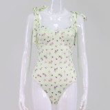 Yellow Floral Sexy Knotted Strap Vintage Bodysuit