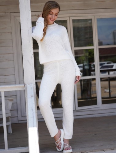 Fall White Knitted Two Piece Pants Lounge Set