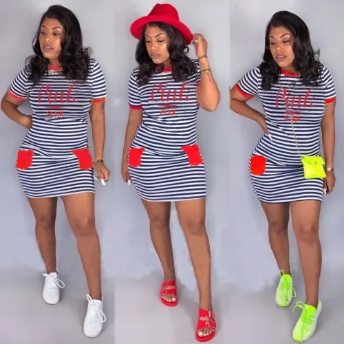 Summer Print Striped Tight Shirt Dress