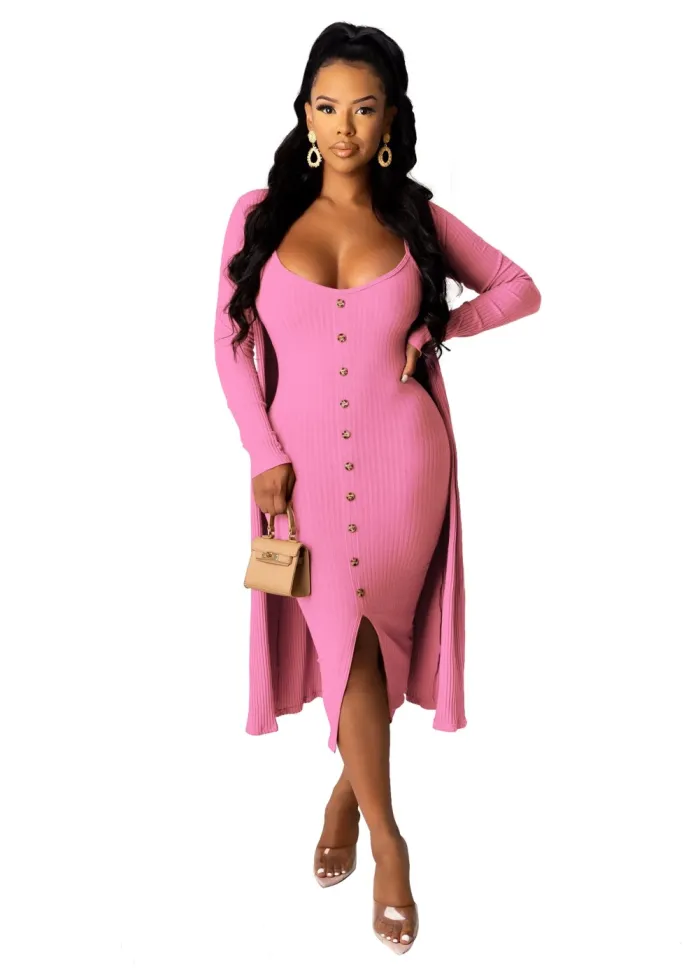 Solid Color Two Piece Dress with Matching Cardigans