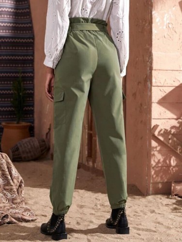 Street Style Green High Waist Trousers with Belt