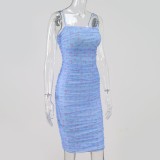 Sexy Floral Blue Strap Ruched Dress