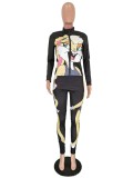 Autumn Cartoon Print Two Piece Tight Pants Set