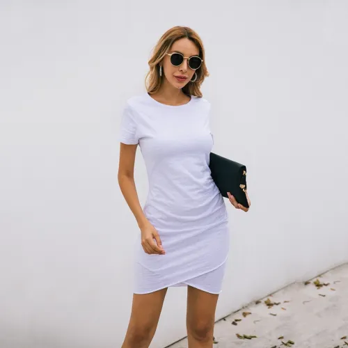 Summer Plain Round Neck Wrapped Shirt Dress
