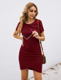 Summer Plain Round Neck Wrapped Shirt Dress