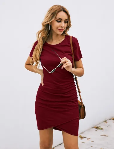 Summer Plain Round Neck Wrapped Shirt Dress