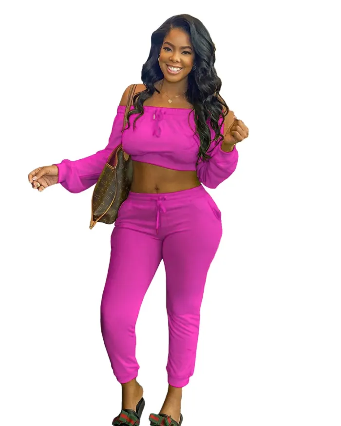 Casual Plain Off Shoulder Long Sleeve Crop Top and Track Pants Set