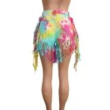 Tie Dye High Waist Tassels Denim Shorts