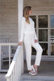 Fall White Knitted Two Piece Pants Lounge Set