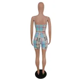 Plaid Print Sexy Strap Crop Top and Biker Shorts Set