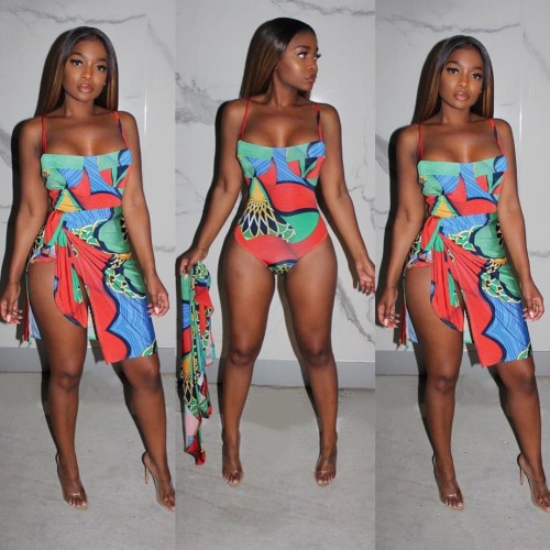 African Colorful Cover Up One Piece Bikini Set
