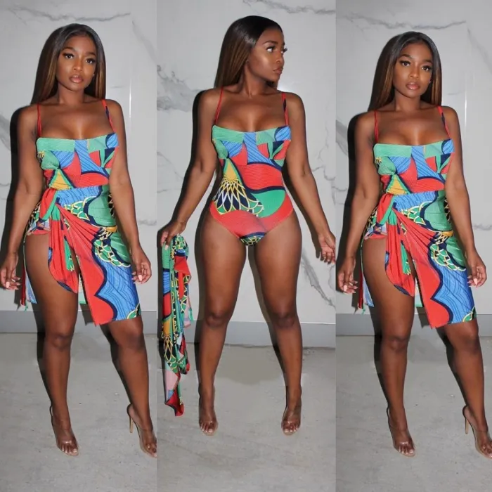 African Colorful Cover Up One Piece Bikini Set