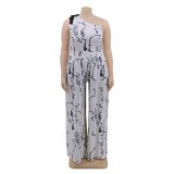 Plus Size Print White One Shoulder Formal Jumpsuit