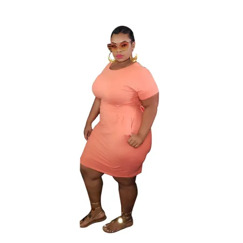 Plus Size Solid Color O Neck Shirt Dress with Belt