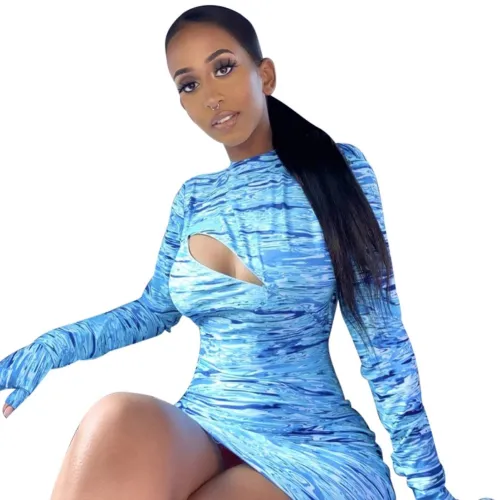 Sexy Cut Out Tie Dye Mini Dress with Full Sleeves