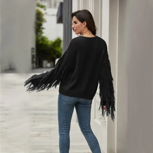Autumn Plain Regular Sweater with Fringe Sleeves