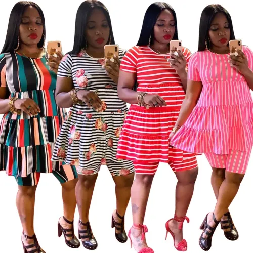 Plus Size Two Piece Stripes Short Set