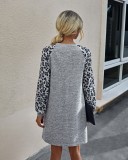 Autumn O Neck Shirt Dress with Leopard Sleeves