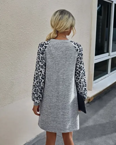 Autumn O Neck Shirt Dress with Leopard Sleeves