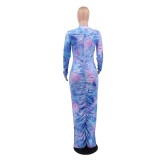 Tie Dye Ruched Long Curvy Dress with Full Sleeves