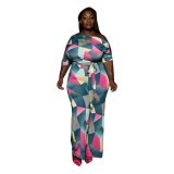 Plus Size Colorful Geommetric Jumpsuit with Belt