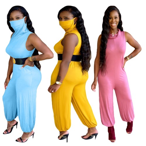 Casual Solid Color Sleeveless Loose Jumpsuit with Face Cover