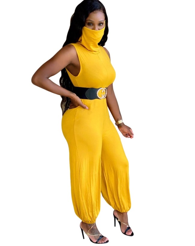 Casual Solid Color Sleeveless Loose Jumpsuit with Face Cover