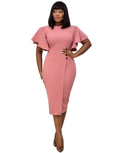 Solid Color Mature Midi Dress with Wide Cuffs