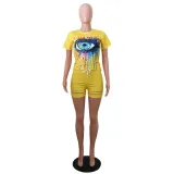 Summer Print Two Piece Ripped Biker Shorts Set