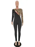 Sexy Cut Out Long Sleeve Leopard Black Bodycon Jumpsuit